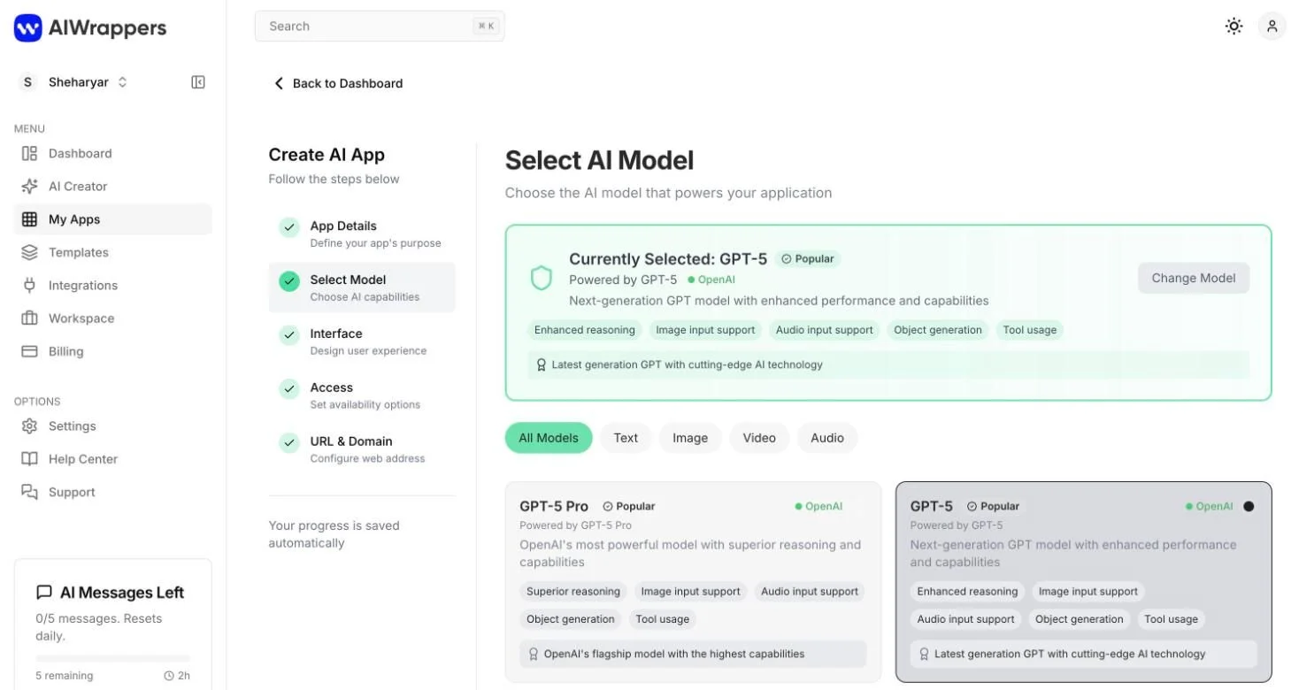 The app builder's Select AI Model step, with GPT-5 selected and GPT-5 Pro alongside, filtered by text, image, video and audio.