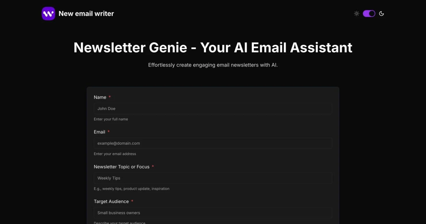 Newsletter Genie, an app made on AIWrappers, with a dark theme and fields for name, email, newsletter topic and target audience.