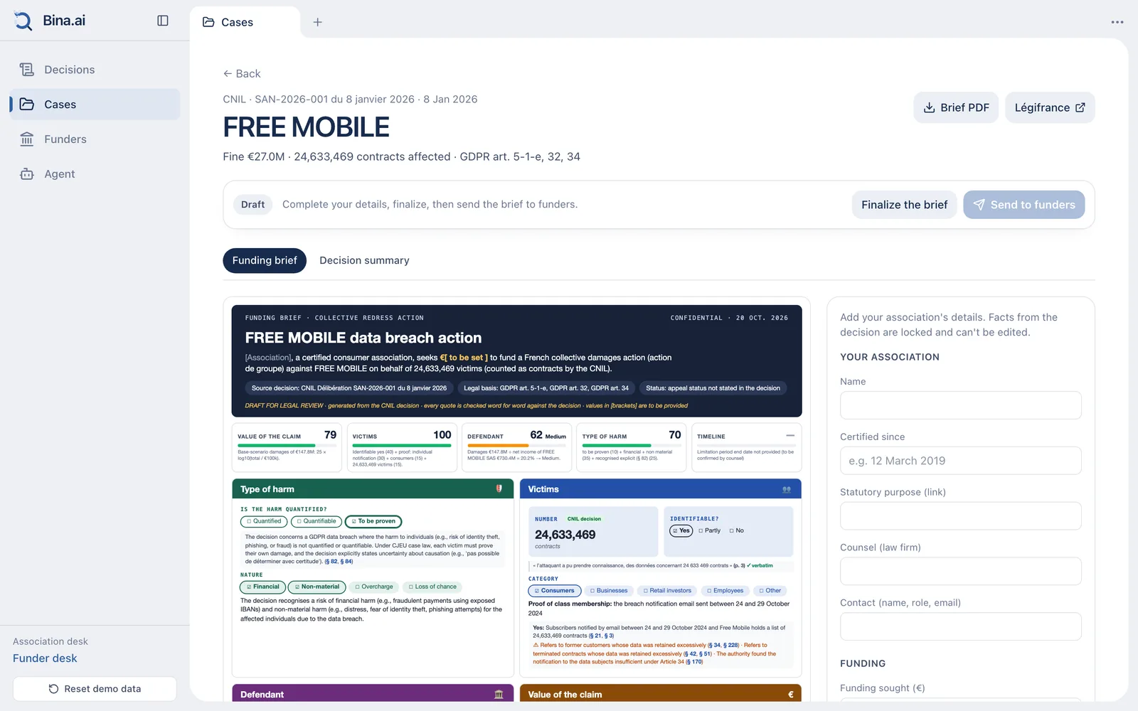 A Bina case page for the Free Mobile decision, showing the funding brief with scores for claim value, victims, defendant, harm and timeline, next to the association's details form.