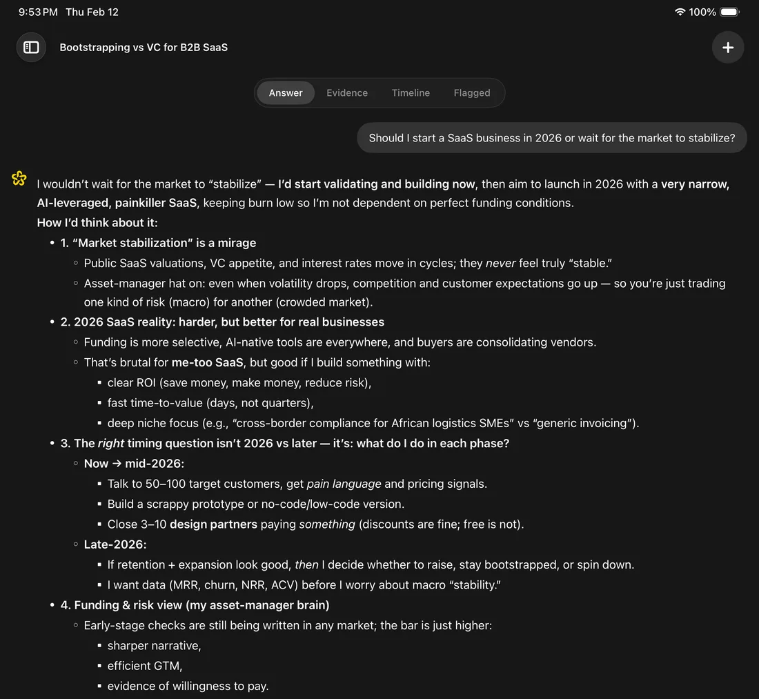Mave answering a question about whether to start a SaaS business in 2026, with Answer, Evidence, Timeline and Flagged tabs above the answer.