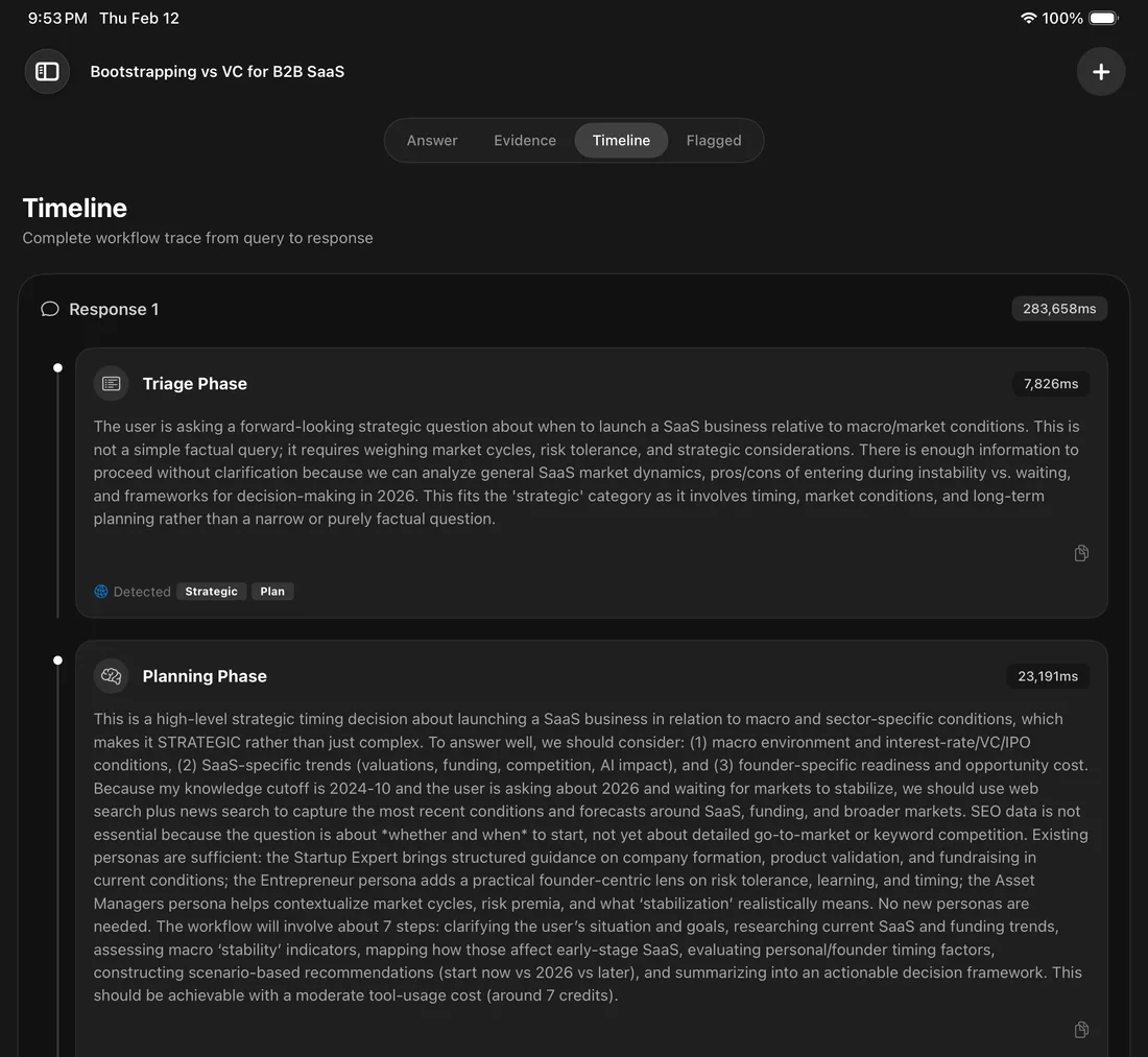 The Timeline tab showing the triage, planning, research and execution phases of one answer, each with its duration in milliseconds.